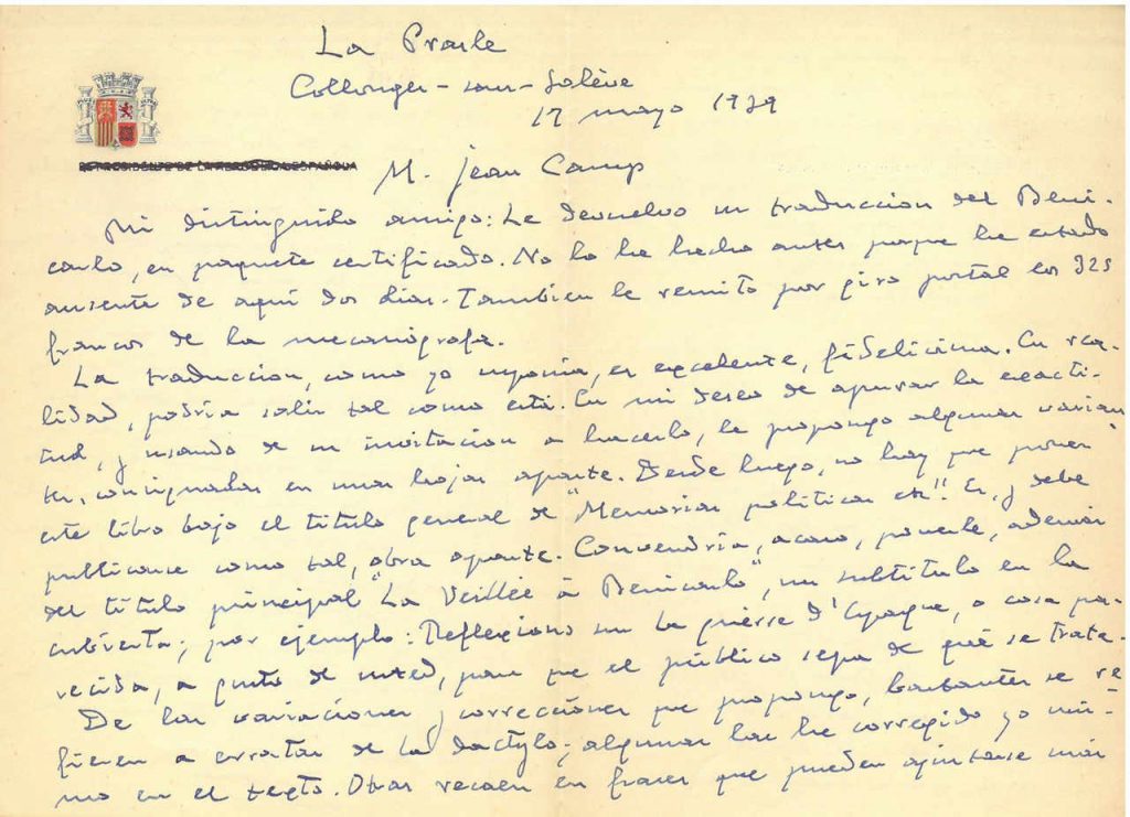  Fragmento de una carta inédita de Azaña dirigida a su traductor Jean Camp. INSTITUTO CERVANTES DE TOULOUSE