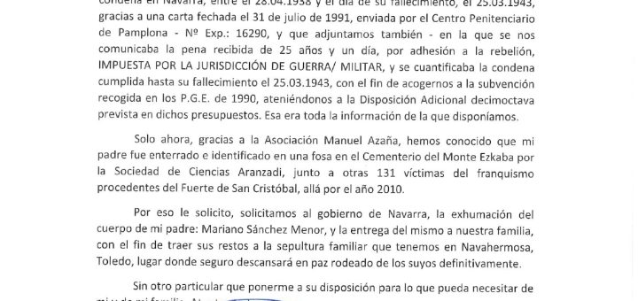 Solicitud de exhumación y traslado de cuerpo a Navahermosa